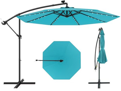 RELAX4LIFE Parasol Déporté Solaire Φ300 cm avec LED et Manivelle, Incliné 35° avec Pied en Croix pour Jardin Extérieur, Cour, Plage, Bord de Piscine (Turquoise)