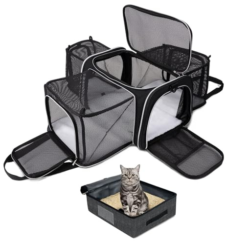 BAGLHER Expandable Cat Carrier with Travel Litter Box, Pet Travel 5 Sides Open Doors 3 Sides, Leak-Proof and Collapsible, for Car, Airplane Trip, Black