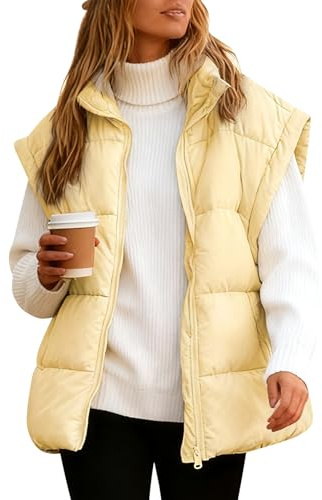 Rave on Friday Gilet imbottito senza maniche con zip, collo alto, trapuntato, leggero, invernale, caldo, imbottito, piumino, kaki M