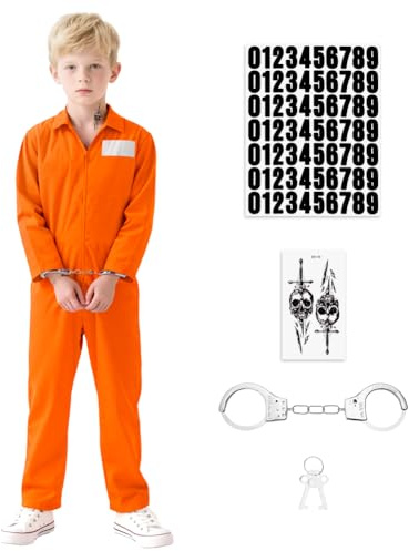 BSBUY Fånge för barn orange fångardräkt fängelse uniform fängelse jumpsuit fängelse kostymer med handbojor klistermärke fängelse rånare maskeraddräkt för halloweenfest världsbok dag cosplay