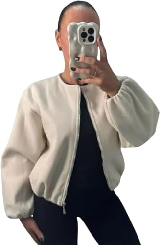 Pretty Attitude Women’s Classic Plain Bomber Zipper Jacket, Ladies Balloon Sleeve Elegant Full Zip Lightweight Winter Warm Short Coats