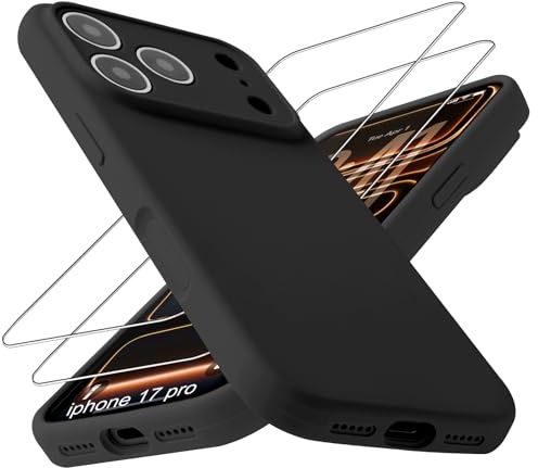 OFFCUP Silikon mobiltelefonfodral för iPhone 17 Pro-fodral, med 2 pansarglas skyddsfolie flytande silikon mobiltelefonfodral med skyddande hölje fiberfoder smalt stötsäkert skyddsfodral för 17