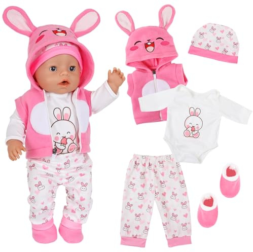 5 Pcs Baby Dolls Clothes for 12-17 Inch Doll, Cute Cartoon Doll Clothes with Jacket + Top + Pants + Socks + Rabbit Ear Hat, Sweet Bunny Doll Outfit For 30-43cm Dolls, Pretend Play Gifts (Rabbit)