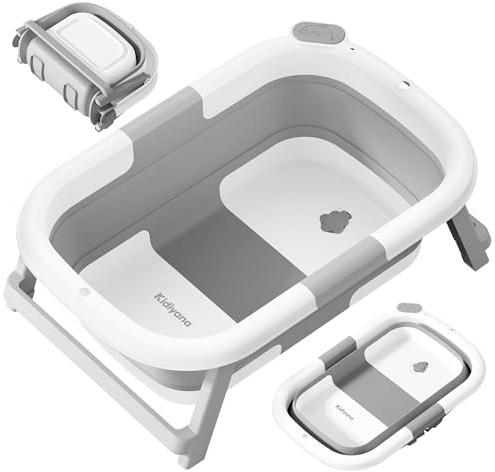 Kidiyana Baby Badewanne faltbar mit Gestell, stabil und rutschfest, platzsparend klappbar, mit Ablauf, PP & TPE, 30L, Babywanne kompakt tragbar, faltwanne, 0–3 Jahre