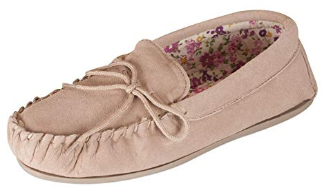 Nordvek - # 419-100 - Zapatillas de casa Mujer - Tipo mocasín - Ante y Piel ovina con Forro Estampado - Suela Dura Antideslizante