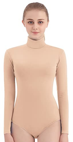 SUPRNOWA Women's Long Sleeve Turtleneck Top Bodysuit Mock Neck Stretchy Leotard Jumpsuit Body Suit with Zipper for Dance Gymnastics Cheerleading Fashion (Medium, Nude)