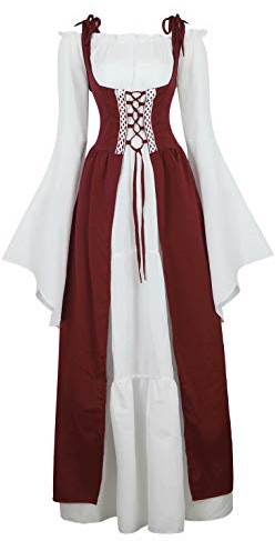 Jutrisujo Robes Médiévale Renaissance Parti Costume Vintage Déguisements Halloween Gothique Femmes Cosplay Vin Rouge L