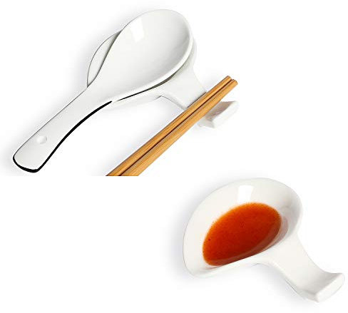 Spoon Holder, Ceramic Chopstick Fork Knife Rests, Sauce Plate, Set of 4, White