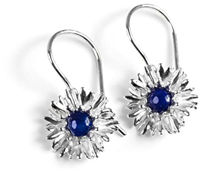 Silver Cornflower Hook Earrings in Lapis Lazuli, Cornflower Flower Jewelry, Floral Dangle Earrings, Statement Flower Earrings, Gift for Mom