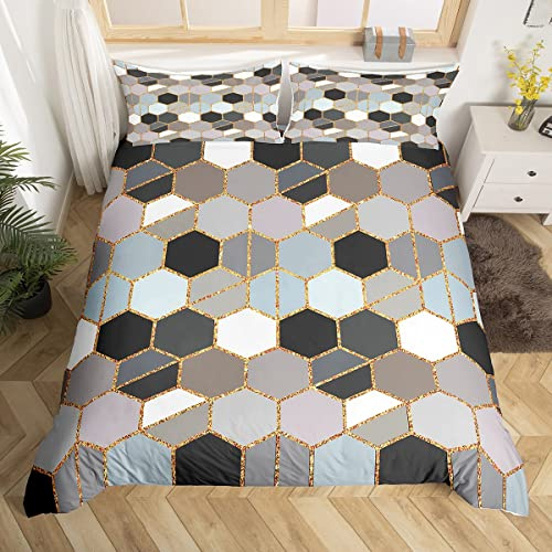 Loussiesd Grey Reversible Comforter Cover for Kids Women Adults, Honeycomb Bedding Set Modern Geometric Duvet Cover Hexagon Strpies Room Decor Ultral Soft Marble Quilt Cover with Zipper King Size