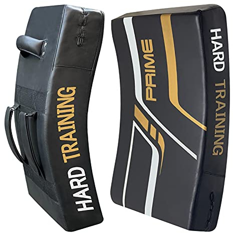 PSS curved Buffalo Leather kick Pad multi-layer shield for Training kickboxing Taekwondo MMA Martial arts, knee and elbow strike shield for men & women (sold as single item) 1115 (1115 Black/Golden)