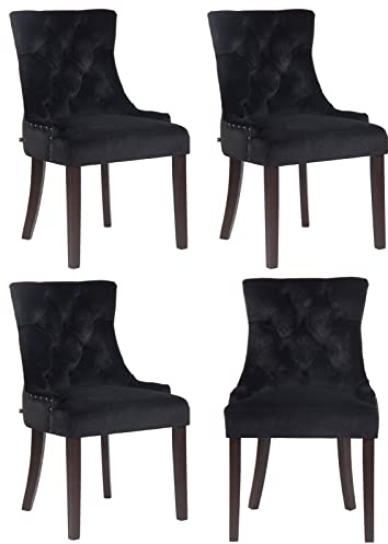 CLP Set 4 Poltrone Pranzo Aberdeen Stile Chesterfield in Velluto E Legno caucciù, Colore:Nero, Colore del Telaio:Antico