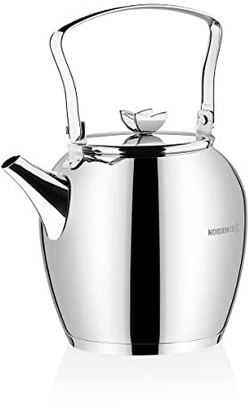 Korkmaz A026 - Tetera turca mariposa para estufa, tetera de acero inoxidable 18/10 con mango resistente al calor, hervidor de té estilo Samovar 76 onzas (2300 ml)