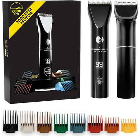The Beard Club Beard Trimmer for Men - Electric Cordless Rechargeable Beard & Hair Trimmer - High Power 7000 RPM - 8 Color Guides 45 Unique Trim Lengths - Travel Lock