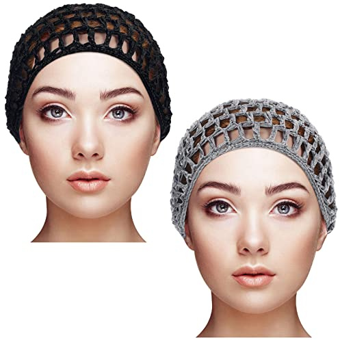 Geyoga 2 Pieces Mesh Crochet Hair Net Rayon Knit Snood Cap Cover Crocheted Shower Caps Sleep Hat for Women(Black, Gray)
