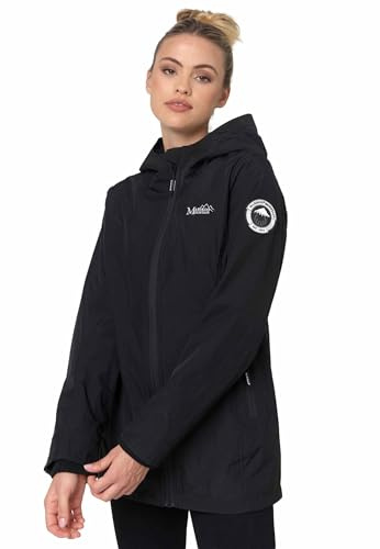 MARIKOO Veste demi-saison pour femme (XS-XXL) - Respirante, intérieur en tissu doux en velours, capuche, coupe-vent - Veste légère longue - Col montant, 3 poches, fermeture éclair allongée, 9 - Noir.,