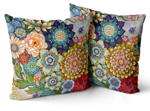 Snycler Boho Floral Throw Pillow Covers Set of 2 Colorful Boho Flower Decorative Cushions Pillowcase for Bedroom Sofa Home Decor, 16x16 Inch, Velvet, Short Plush