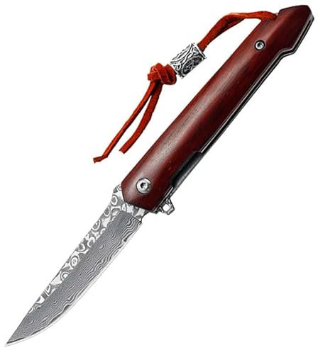 Joa couteau de survie extérieur en damas - Outil manuel pratique - Couteau de randonnée métal - Manche en bois - Cordon en cuir