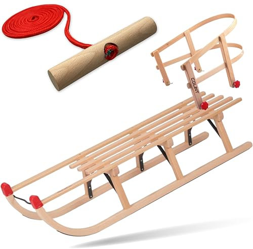 Explorer Colint Holzschlitten mit Rückenlehne für Kinder ab 1 Jahr und Erwachsene Set Schlitten Davos mit Leine und Vollholz Lehne in Rot 110cm Alpina Fun