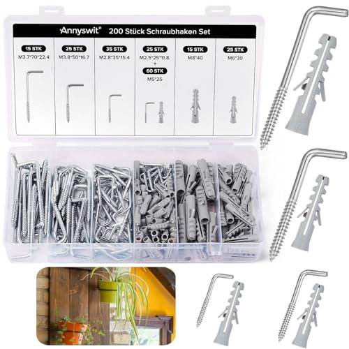 Annyswit 200 Pcs L-Shaped Screw Hooks in 4 Sizes, Screw in Hooks, Wall Hook with Expansion Tubes in 3 Sizes, Zinc-Plated Right Angle Hook for Wall and Ceiling, for Home, Office, Workshop Use
