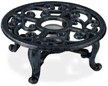 Relaxdays Scaldavivande Candela, Scalda Teiera, Caffettiera, Piastra in Ghisa, Fornellino con Candelina, Rustico, Grigio