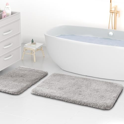 wyewye Mikrofaser-Badematten, 2 cm super dicke Badteppiche, super saugfähige Badezimmerteppiche 50x80 cm und 40x60 cm, Hellgrau