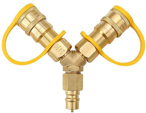 3/8 Natural Gas Y Splitter for Propane Hose, Tee Quick Connect 2-Way Adapter Fittings with Shut Off Valve Cover, Brass Conversion Kit for Hose Tank Line, Pizza Oven, Generator, Patio Heater, Grills