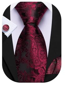 Barry.Wang Men's Red Black Tie Silk Paisley Necktie Pocket Square Cufflinks Set Wedding Party