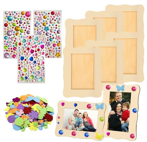 Fyfjur 6 Piezas Marcos De Fotos De Madera Para Manualidades, Marco Para Dibujos Niños Con Pegatinas Y 3 Juegos De Piedras, Natural DIY Marco Fotos, Creativos Marcos Para Fotos Para Niños Adultos