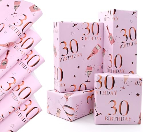 QRTDXP Rose Gold Gift Wrapping Paper Sheets for 30th Birthday,5pcs 50 * 70cm Large Birthday Paper, Pink Eco-friendly Gift Wrap Perfect for Wrapping Present or Flower for Girls Woman