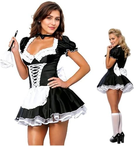 JOO-JOOG French Maid Costume Plus Size, Women's Sexy Black Satin Halloween Maid Fancy Dress S-5XL with Ruffled Skirt (1053A, XXXL)