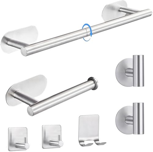 80CM Laimew Juego de Toallero de Baño, 7 PCS Toalleros de Baño sin Taladro, Toallero Accesorios Baño Acero Inoxidable, Contiene Toallero Adhesivo, Portarrollos para Papel, Gancho para Toallas