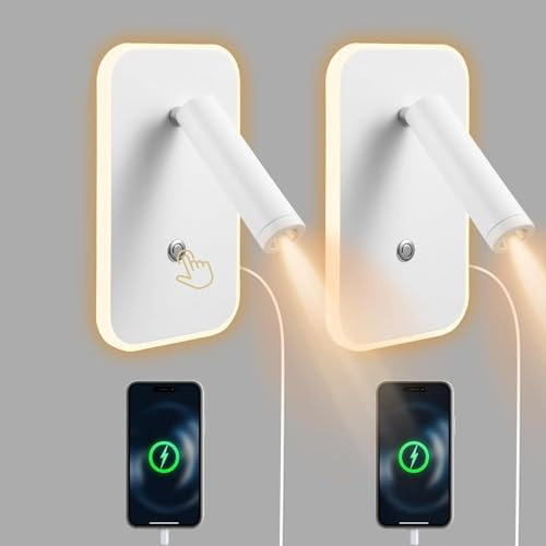 Strixorn Lámpara de pared LED, lámpara de lectura para mesita de noche, lámpara de lectura LED de pared, lámpara de pared interior de 12 W, con interruptor y puerto de carga USB + puerto de carga tipo