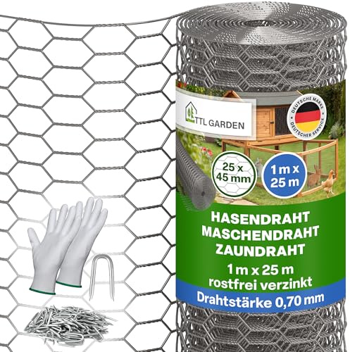 TTL GARDEN 1x25m Hasendraht 25x45mm Masche rostfrei verzinkt - 0,70mm Draht Stärke Rolle feinmaschig Drahtgitter Kaninchendraht Zaun Gitter Maschendrahtzaun 25m x 1m breit silber