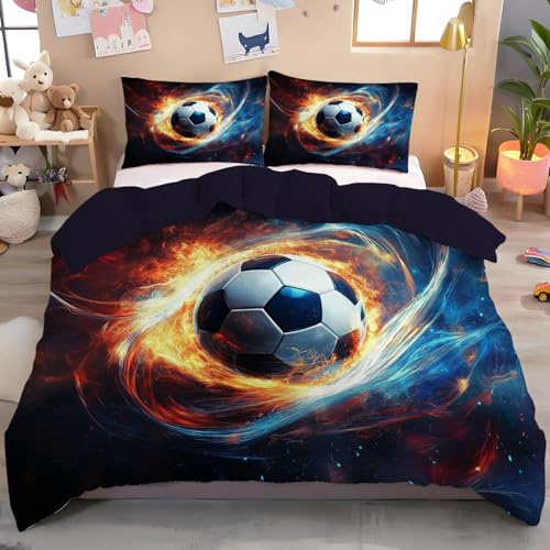 Parure De Pour Lit 90X190 Enfant Ballon Football Tournant Orange-Bleu Housse De Couette 1 Personne Imprimée Des Sports Housses De Couettes Microfibre 1 Housse Couette 140X200Cm Et Taie D’Oreiller