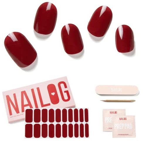 NAILOG Unghie Gel Adesive UV - 20 PCS Rosso Smalto Adesivo per Unghie Compatibile con qualsiasi lampada UV/LED, Durata Prolungata e Qualità Salon Professionale, Facile da Applicare e Rimuovere