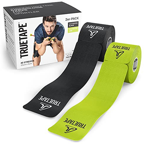 TRUETAPE® Kinesiotape – PRO Precut DUO-Pack – 2 x 20 vorgeschnittene Streifen (25 cm x 5 cm) – Wasserfeste & Elastische Kinesiotapes – Physiotape mit starker Klebekraft für den Sport – Schwarz & Lime