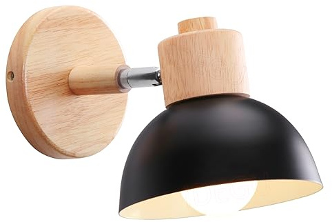 IDEGU Vägglampa modern inomhusvägglampa av trä metall halvcirkel lampskärm E27 justerbar väggspot vintage lampa för sovrum vardagsrum (1 st, svart)