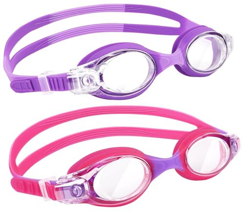 JATEKA Schwimmbrille Kinder, Taucherbrille Kinder 2 Stück Anti-Fog and UV Schwimmbrillen für Jugendliche, Unisex Kinder Taucherbrille für 3-16 Jahren (Pink+Purple)