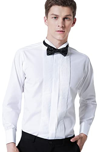 WINDEHAO Camicia da uomo alla francese, slim fit, plissettata, colletto pieghevole, camicia da sera, matrimonio, smoking, cena, camicie con papillon