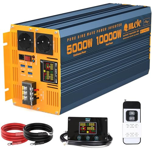 Inverter 5000W, onda sinusoidale pura, DC 24V a 230V AC, convertitore corrente con 2 prese ricarica AC, solare e auto, display LCD