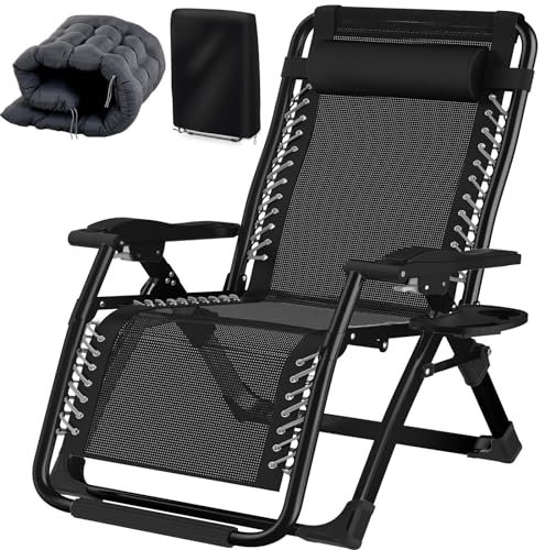 Fiutazge 83cm Ultra-Large Transat Jardin Exterieur avec Coussin Rembourré, Appuie-TêTe, Porte-Gobelet, Bain de Soleil, Chaise Longue Pliante avec Dossier RéGlable pour Jardin,Balcon,Plage,Noir