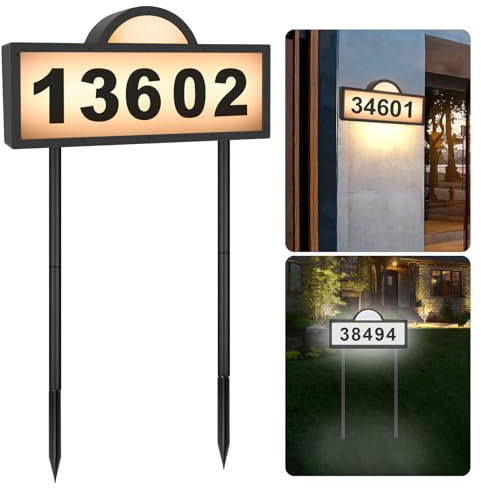LED Solar Address Sign, Address Numbers for Yard with 2 Colors, Warm White & Cool White, IP 65 Waterproof House Numbers Sign for Outside, Wall Mounted/In Ground Solar House Number kit