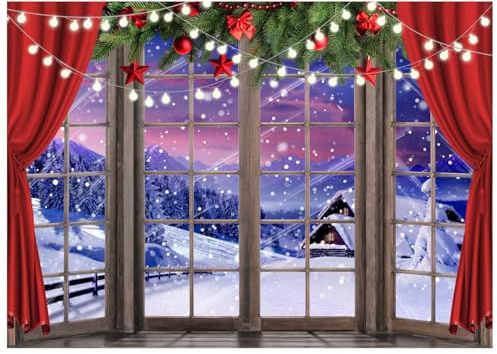 AIIKES 7x5FT Fond de Noël Fenêtre Scène d'Hiver Décoration de Rideau Rouge XY77