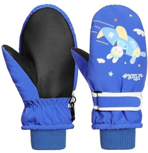 Rhino Valley Gants de Ski pour Enfants, Moufles de Neige Imperméables pour Enfants, Moufles d'hiver avec Bande Ajustable, Gants de Neige pour Garçons/Filles pour Snowboard en Plein Air, S, Bleu
