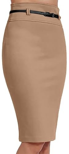 BODYWEAR LTD Jupe crayon basique solide longueur genou avec ceinture pour femme – Tenue professionnelle, élégante et polyvalente, parfaite pour les environnements d'affaires et de bureau, moka, S-M
