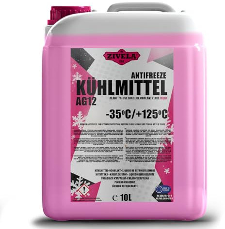 ZIVELA G12 Kühlerfrostschutz bis -35° - 10 Liter | G12+ Kühlmittel | Kühlflüssigkeit Auto | G12 Kühlmittel Auto | Gebrauchsfertig | Langlebiger Schutz