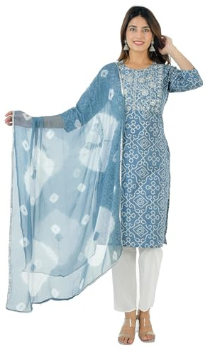 Vrnda Women's Cotton Indian Bandhej Print Straight Kurta Set Yoke Embroidery Kurti With Pant and Dupatta Set Dress, Light Grey, XL