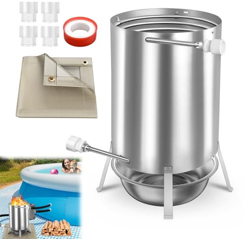 Froadp Calefacción de piscina con fuego, barril de fuego de leña de acero inoxidable con espiral de calefacción de 32/38 mm de diámetro, conexión para calefacción de piscina de madera, calentador para