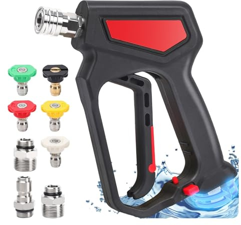 Pistola corta para lavadora a presión con giratorio, pistola de lavado de alta potencia de 5000 PSI/10.5 GPM con 5 puntas de boquilla, conexión rápida de 3/8 pulgadas y ajuste M22-14 mm y M22-15 mm
